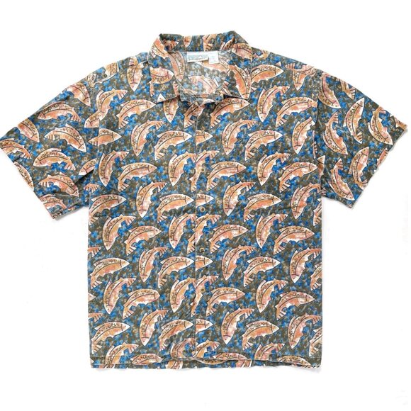 RARE Patagonia Vintage 90s Leaping Fish Seaweed Button Up Shirt Sz Large